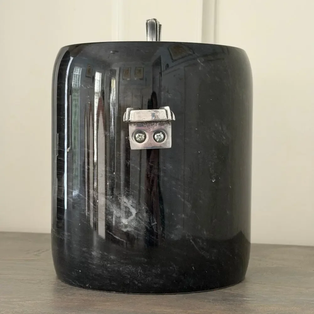 Georges Briard Black Marble Ice Bucket w Lid Silver Handles MCM Mid Century VGUC